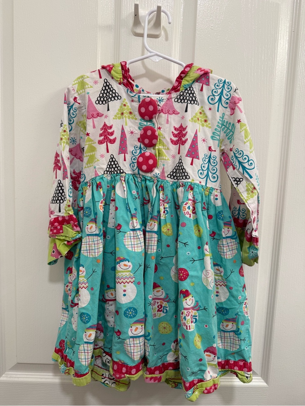 Jelly The Pug Turquoise, White & Pink Snowman Holiday Pajama Dress 7